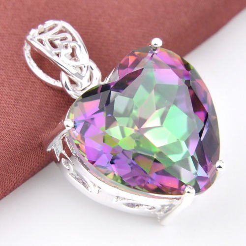 Woman Silver Love Heart Rainbow Mystical Topaz Gemstone Silver Necklace Pendant N5