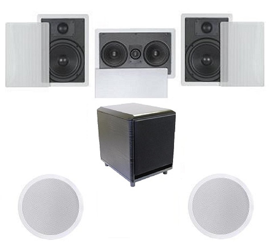 5.1 Home Theater Flush Inwall Speakers with Amplified Subwoofer- 2 Inwall 6.5" 2way Speakers, 1 Inwall Dual 5.25...