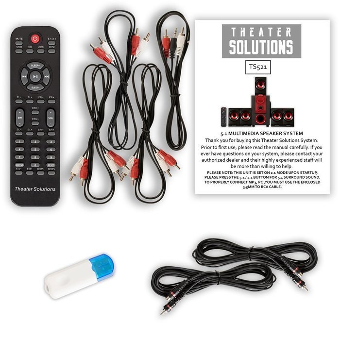 Theater Solutions TS521 Home 5.1 Speaker System with USB Bluetooth and 2 Extension Cables