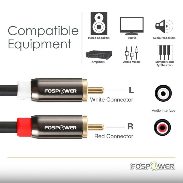 FosPower (6 Feet) 2 RCA M/M Stereo Audio Cable [24K Gold Plated | Copper Core] 2RCA Male to 2RCA Male [Left /...