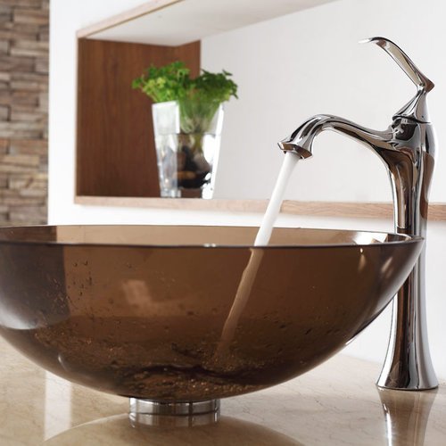 Kraus C-GV-103-12mm-15000CH Clear Brown Glass Vessel Sink and Ventus Faucet Chrome by Kraus