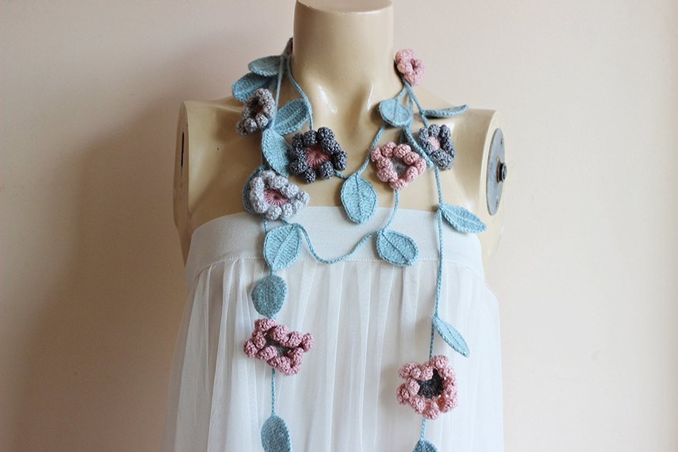 Flower Scarf-Blush and Grey Scarf with Seafoam Leaves-Lariat Necklace -Dahlia Crochet Scarf- Christmas Gift For... N4