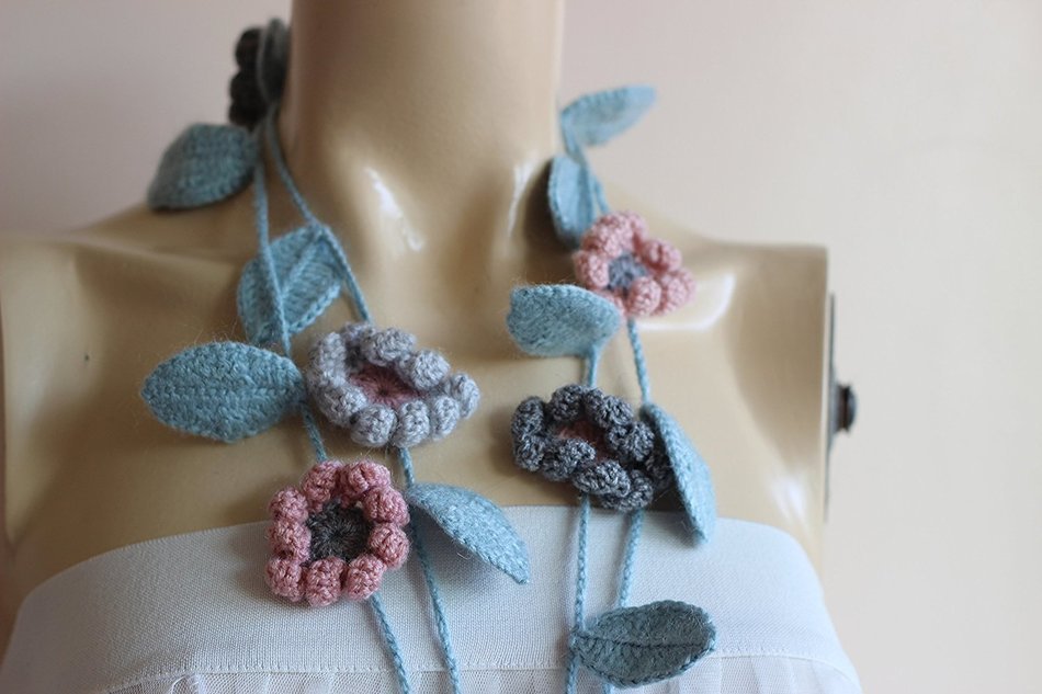 Flower Scarf-Blush and Grey Scarf with Seafoam Leaves-Lariat Necklace -Dahlia Crochet Scarf- Christmas Gift For... N5