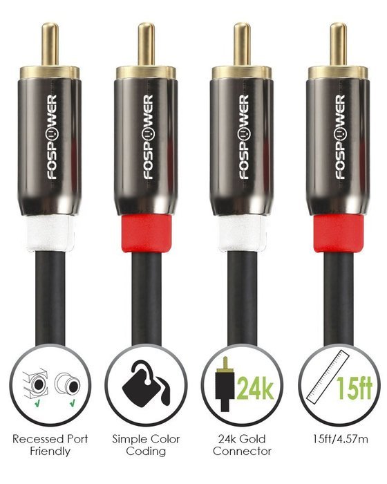 FosPower (6 Feet) 2 RCA M/M Stereo Audio Cable [24K Gold Plated | Copper Core] 2RCA Male to 2RCA Male [Left /... N4