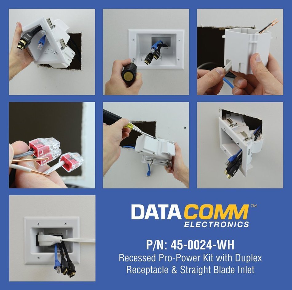 DataComm Electronics 45-0024-WH Recessed Pro-Power Kit with Duplex Receptacle and Straight Blade Inlet N3