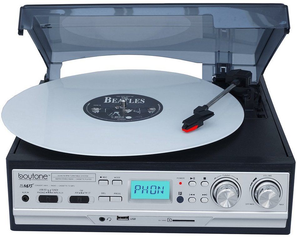 Boytone BT-17DJS-C,6 IN1,3 Speed Stereo Turntable 2 Built in Speakers Digital LCD Display AM/FM Radio + Supports... N6