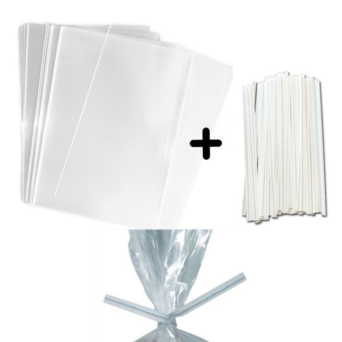 100 LARGER Treat Bags and White Paper Twist Ties - (5.75x7.75") Clear Food Safe Favor Bags 1.5mils Thick PP Plastic...