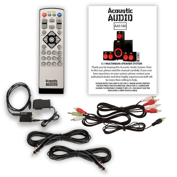 Acoustic Audio AA5180 Home 5.1 Bluetooth Speaker System with Optical Input and 2 Extension Cables
