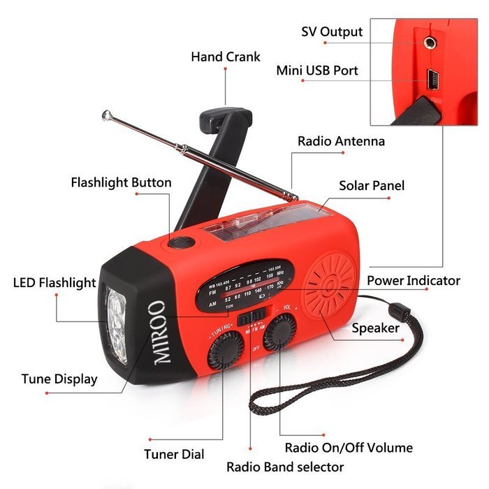 MIROO Hand Crank Emergency Weather Solar Radio FM NOAA WB AM Flashlight Function with Charger Cables,Red N3
