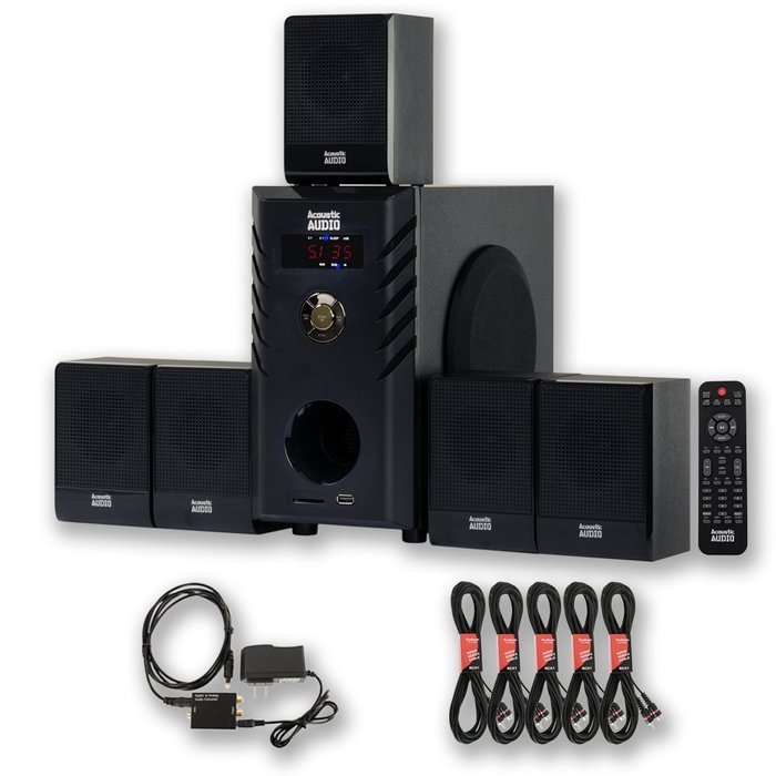 Acoustic Audio AA5104 Home Theater 5.1 Speaker System with Optical Input and 5 Extension Cables