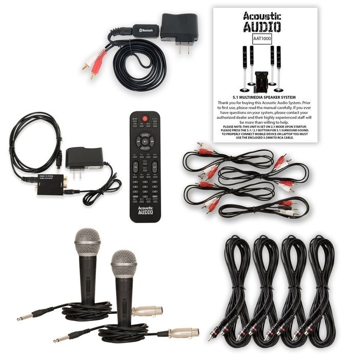 Acoustic Audio AAT1000 Tower 5.1 Speakers with Bluetooth Optical Input 2 Mics and 4 Extension Cables