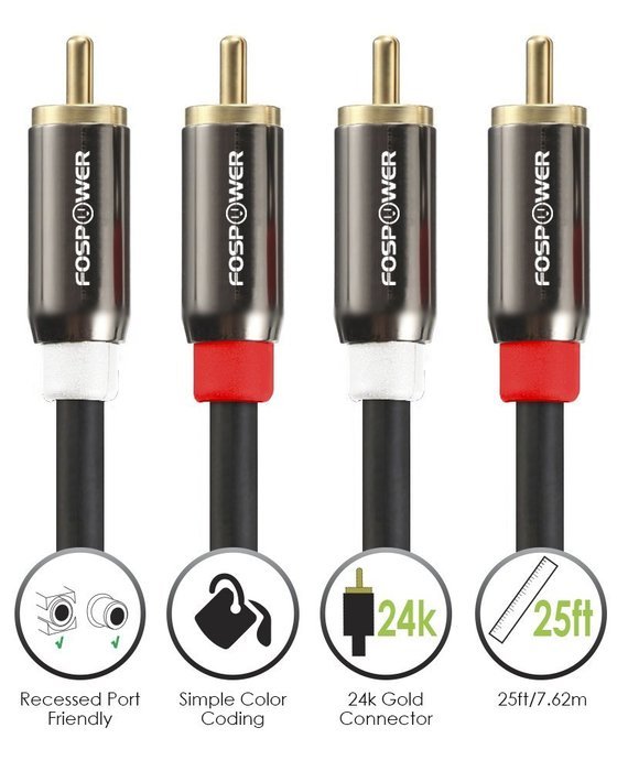 FosPower (6 Feet) 2 RCA M/M Stereo Audio Cable [24K Gold Plated | Copper Core] 2RCA Male to 2RCA Male [Left /... N7