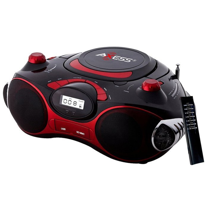 Axess PB2704-RD Portable MP3/CD Boombox with AM/FM Stereo, USB, SD, MMC, AUX Inputs (Red) N2