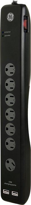 GE 14094 Surge, 7 Outlets, 1500J, 4' Cord, USB, 2 Ports 1.0A, Safety Covers, Black