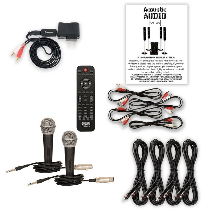Acoustic Audio AAT1000 Tower 5.1 Speaker System with Bluetooth 2 Mics and 4 Extension Cables