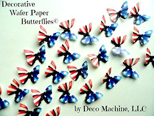 24 Red White & Blue American Flag Print Mini Decorative Wafer Paper Butterflies&copy; 1" Pre Cut Cake Decorations Fourth...