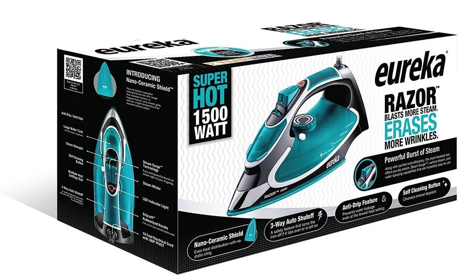 Eureka Razor Powerful Steam Iron Burst, Non-Stick Ceramic Soleplate with Auto-Off Super Hot 1500 Watt Iron Aqua... N4