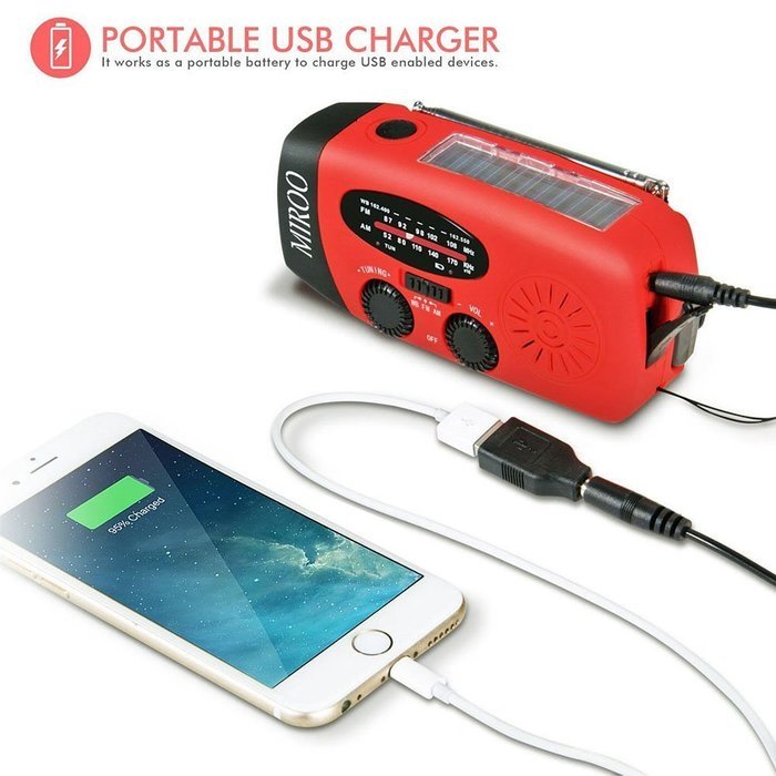 MIROO Hand Crank Emergency Weather Solar Radio FM NOAA WB AM Flashlight Function with Charger Cables,Red N5