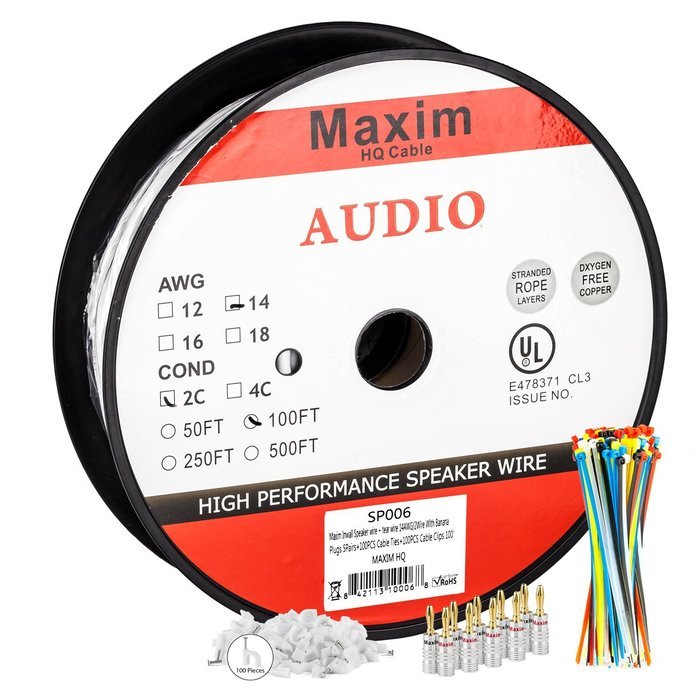 In Wall Speaker Wire | 100 Feet | 12AWG CL3 Rated 2-Conductor Wire White Oxygen Free Copper includes banana plugs... N28