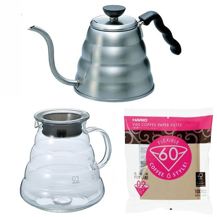 Hario V60 Series 800 ml Glass Kettle, 1200 ml Metal Kettle & 100 Paper Filters Sold Together