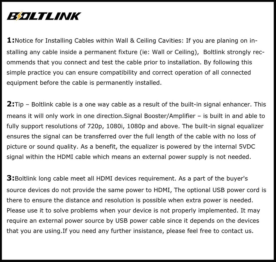 Boltlink High Speed 4K Hdmi Cable 25 feet 7.8m Supports Ethernet 3d 4k 1080p and Audio Return Channel. N12