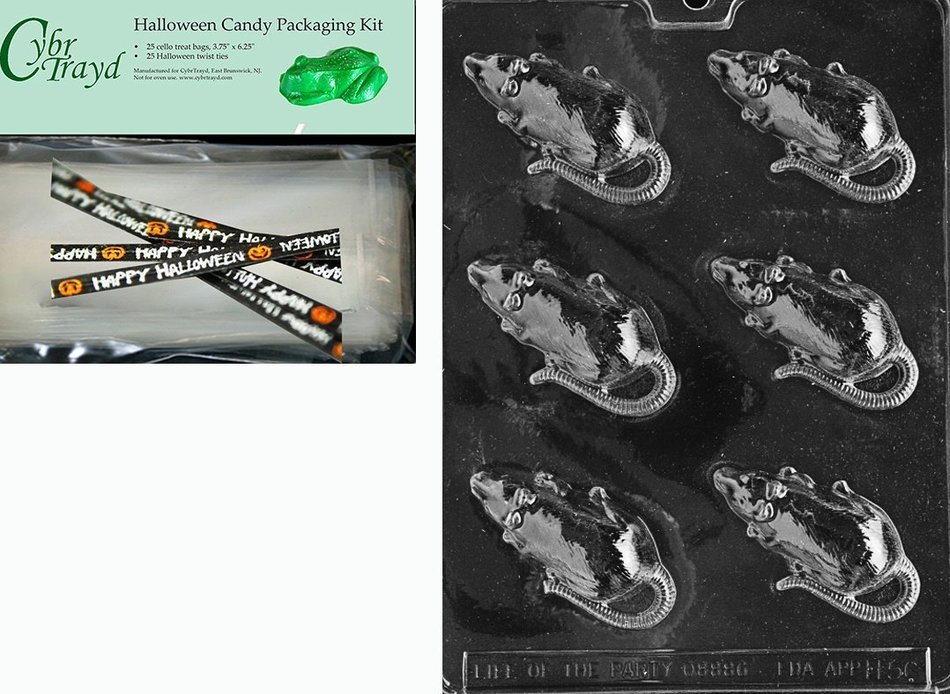 Cybrtrayd MdK25H-H056 Halloween Chocolate Mold with Chocolate Making Supply Kit, Rat, 25 Cello Bags