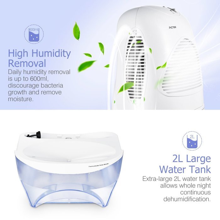 Pictek Mid-Size Dehumidifier Compact dehumidifiers Portable [ Thermo-Electric] [ Autt off ] with 600ml/day Dehumidification... N7