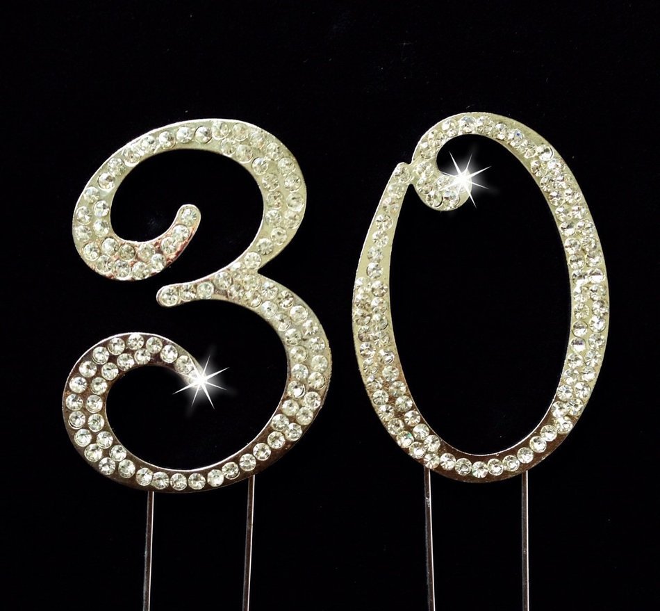 30th Birthday / Wedding Anniversary Number Cake Topper with Sparkling Rhinestone Crystals - 2.75