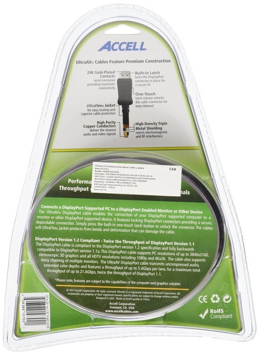 Accell B142C-003B UltraAV DisplayPort to DisplayPort 1.2 Cable with Latches - 3.3 Feet (1 Meter) N3