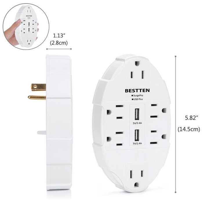 Bestten 6 Outlet Socket Wall Mount Surge Protector with Dual USB 3.1A Port Wall Charger N6