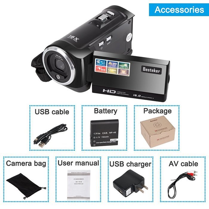 Camera Camcorders, Besteker Portable Digital Video Camcorder HD Max. 16.0 Megapixels 1280*720P DV 2.7 Inches TFT... N18