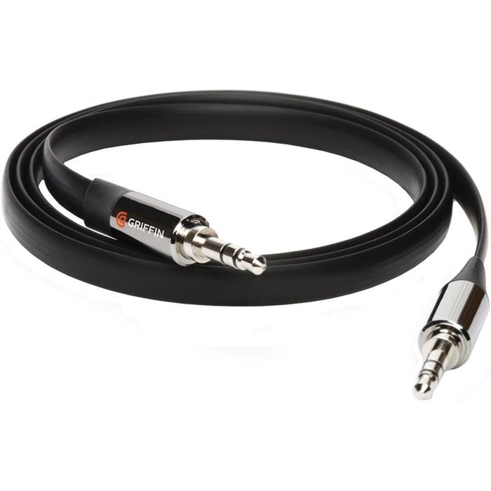 Griffin Flat AUX Cable, Tangle and Kink Resistant, 3.5 mm Male-to-Male Auxiliary, 3 feet, Durable, Black