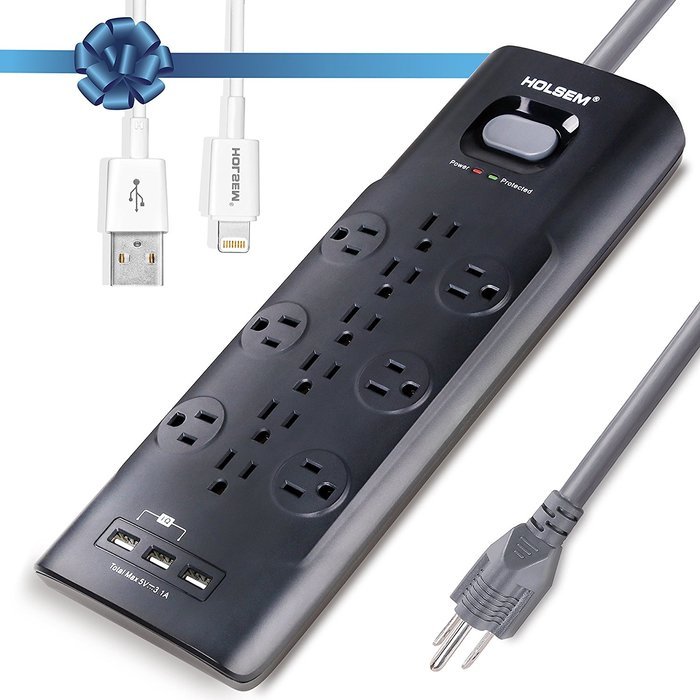 HOLSEM 5 Outlets Surge Protector Power Strip with 2 USB Charging Ports (5V/2.1A) and 4' Heavy Duty Extension Cord... N6