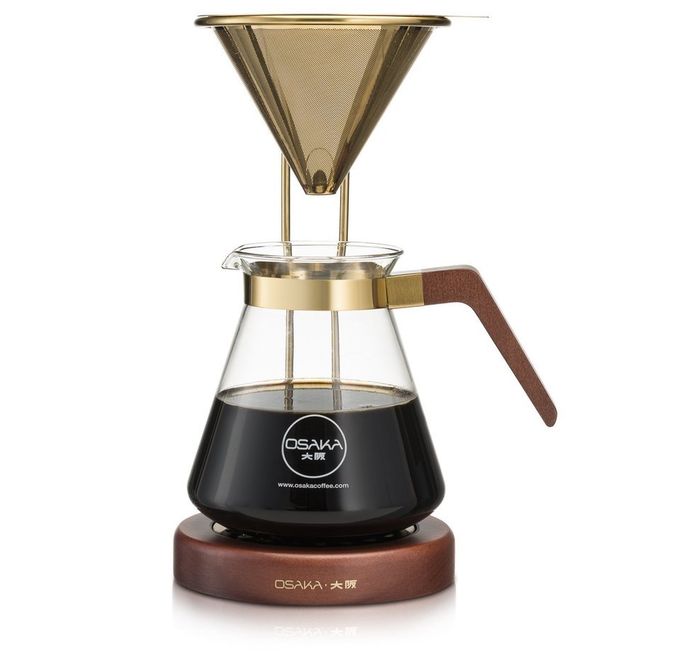 Osaka Large Gold Pour-Over Coffee Dripper with Wood Stand - Full Brewing Set for a Homemade Pourover - 27oz. Capacity... N2