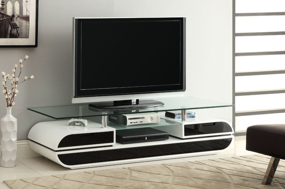 Furniture of America Glenn Contemporary TV Console/Stand, 63-Inch, Glossy Black and White N2