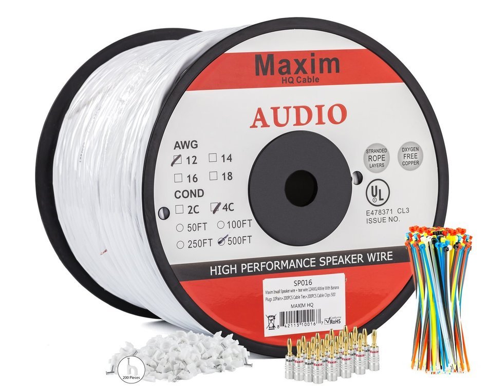 In Wall Speaker Wire | 100 Feet | 14AWG CL3 Rated 4-Conductor Wire White Oxygen Free Copper includes banana plugs... N10