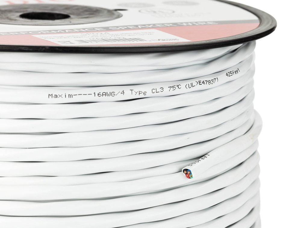 In Wall Speaker Wire | 100 Feet | 14AWG CL3 Rated 4-Conductor Wire White Oxygen Free Copper includes banana plugs... N12