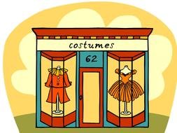 costumes, vintage shop display, drawing