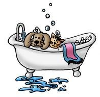 Clipart of Dog and cat are washing in a bath