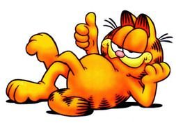 cartoon happy red cat lays on his back with thumb up