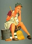 painted cleaning lady sits on a bucket
