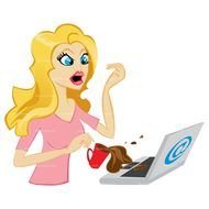 Woman spilled coffee on the computer clipart