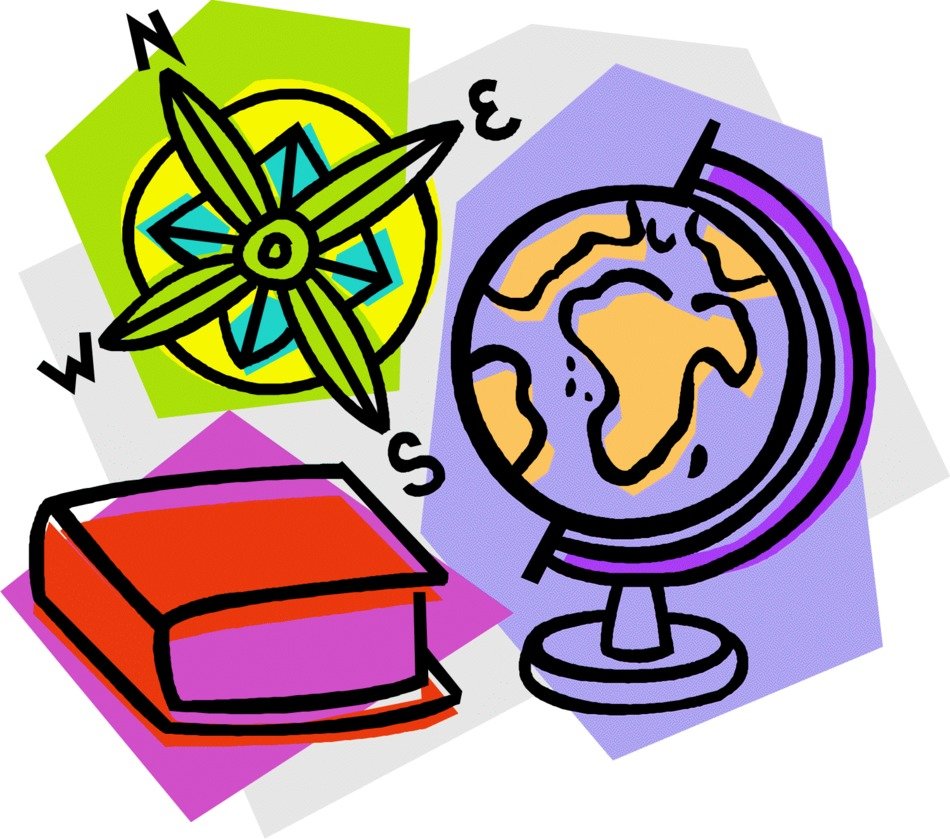 drawn compass, book and globe