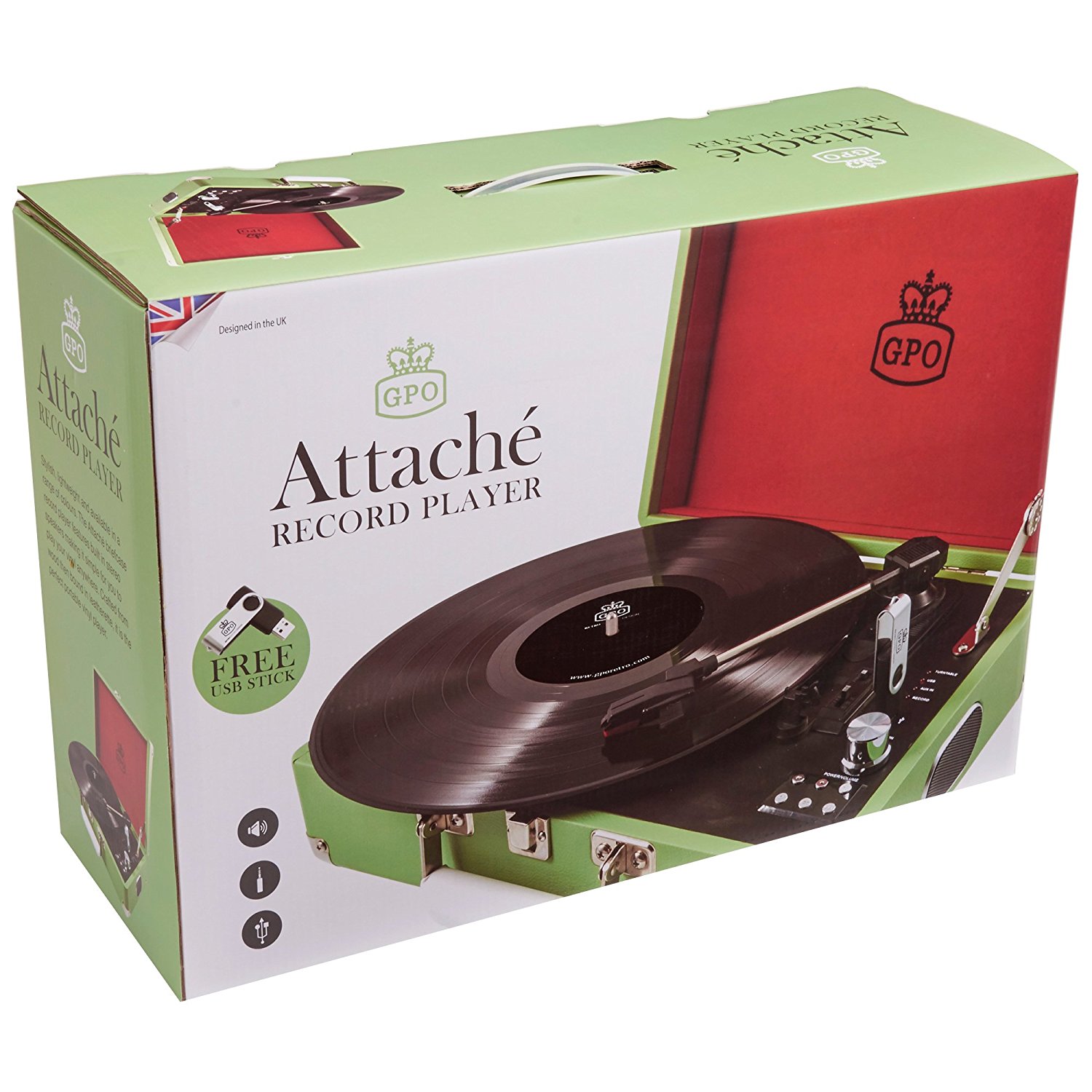 Gpo attache briefcase style 3 speed portable vinyl turntable with built