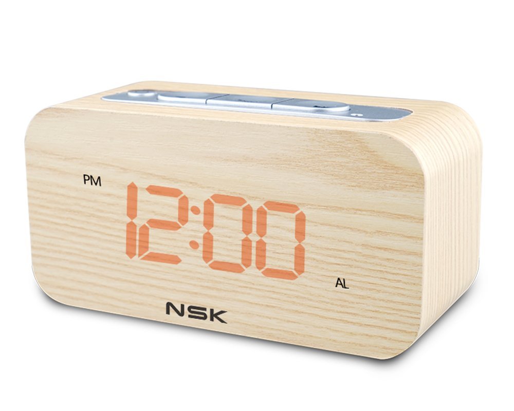 NSK Wood Grain Clock Radio Stereo Audio Speaker Dual Alarm Sleep Memory