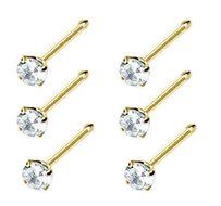 6 pcs 14k Gold Plated Prong Nose Stud Bone Ring 1.5mm Gem Ball Ended 22G Clear N2