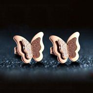 Women's Elegant Frosted Wings Butterfly Titanium Steel Stud Earrings Rose Gold
