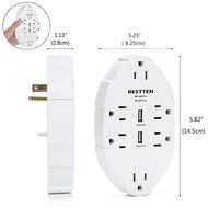 Bestten 6 Outlet Socket Wall Mount Surge Protector with Dual USB 3.1A Port Wall Charger N12