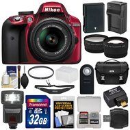 Nikon D3300 Digital SLR Camera &amp; 18-55mm G VR DX II Lens (Red) with WU-1a Wi-Fi Adapter + 32GB Card + Battery... N3