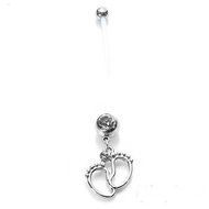 White Ptfe Maternity Belly Bar Piercing Ring Crystal Pregnancy Navel Ring Tiny Feet